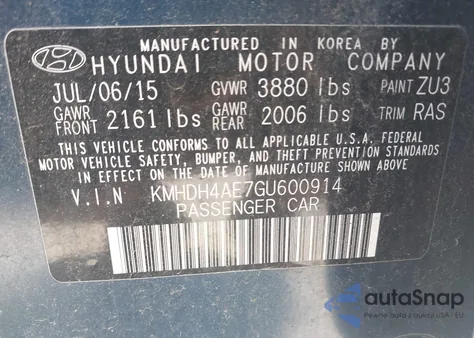 2016 Hyundai Elantra Se z USA, uszkodzony, nr VIN KMHDH4AE7GU600914